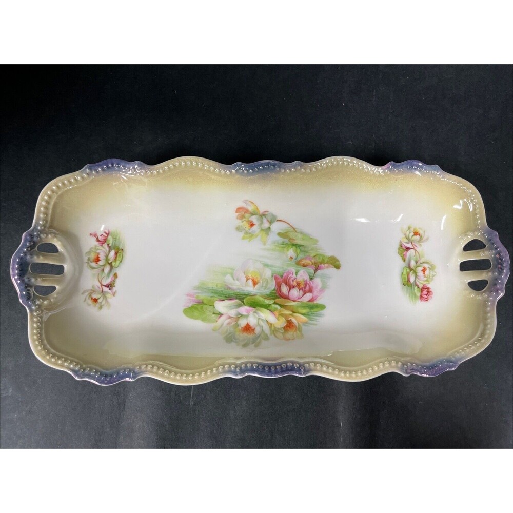 Antique P. K. Silesia 12" Serving Tray Water Lily, Lustre, Beaded Scallops Rare
